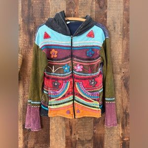 Vintage Nepalese patchwork boho hoodie sweatshirt size M hippie festival